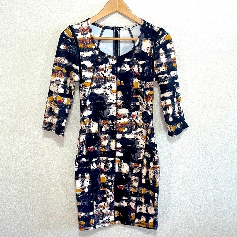 Rachel Roy Woman Art Deco Pattern Textile Long Zipper Sleeve Dress Size M